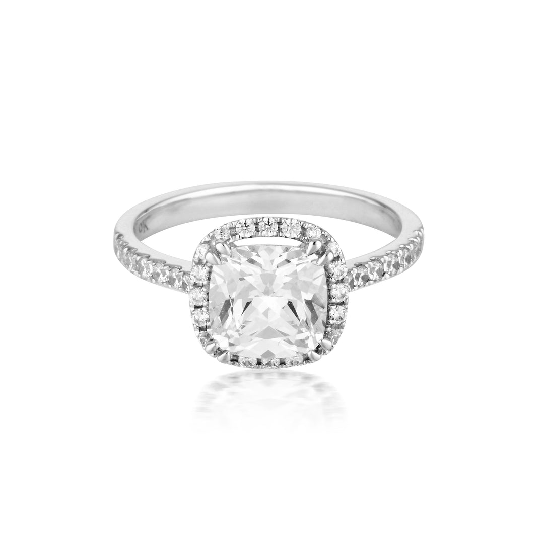 Georgini Gold Cushion Cut Halo 1.5tcw Moissanite Engagement Ring In 9ct White Gold