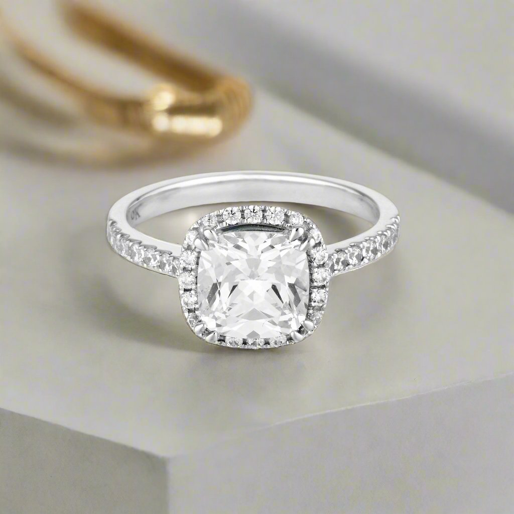 Georgini Gold Cushion Cut Halo 1.5tcw Moissanite Engagement Ring In 9ct White Gold