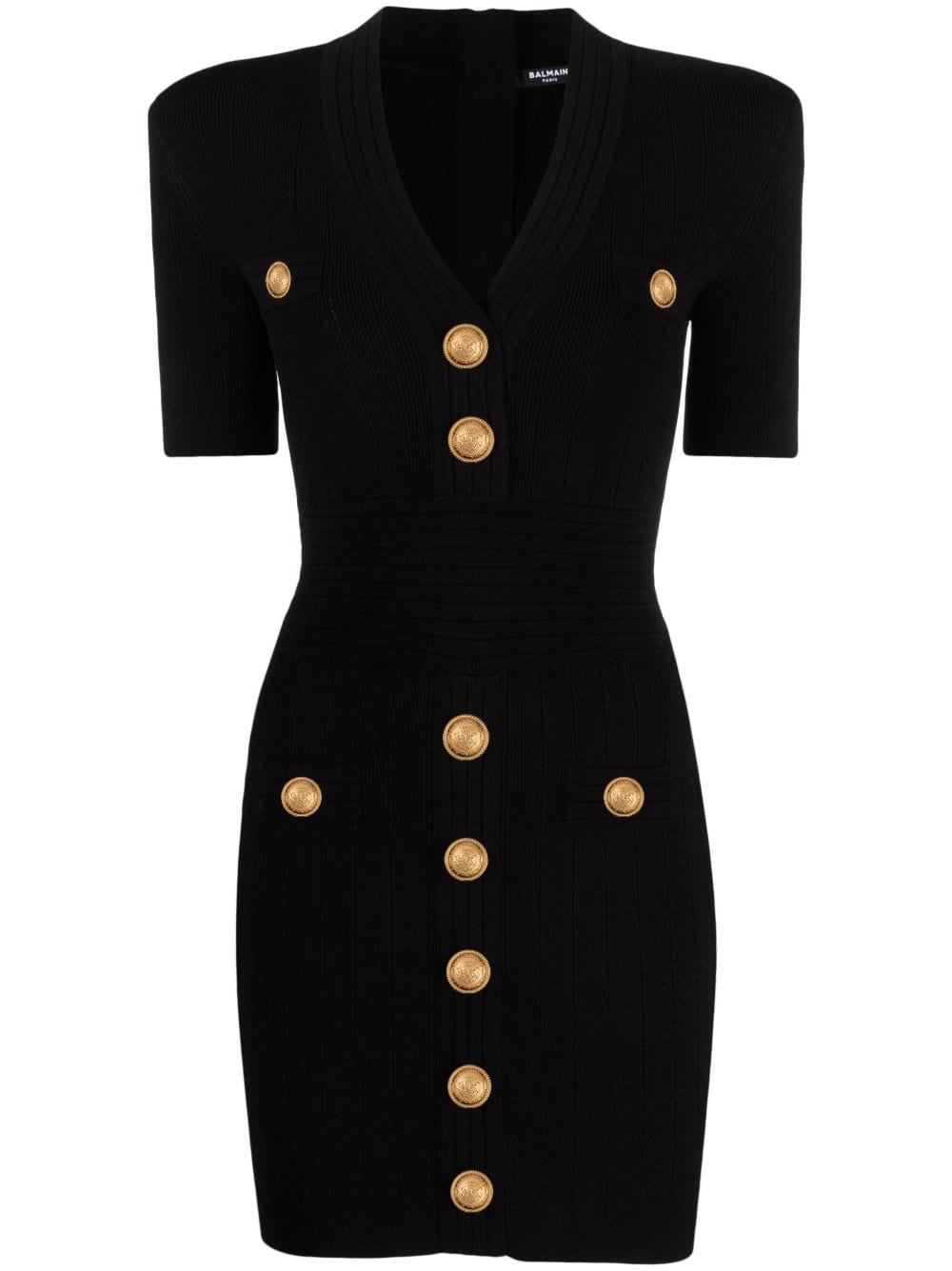 Balmain Dresses Balmain Dresses Black Balmain Black knitted dress with gold-tone buttons, V-neck, and structured fit. Brand